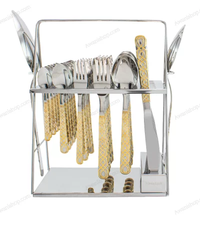 38-Piece Stainless Steel Cutlery Set with Stand – Silver & Gold Patterned