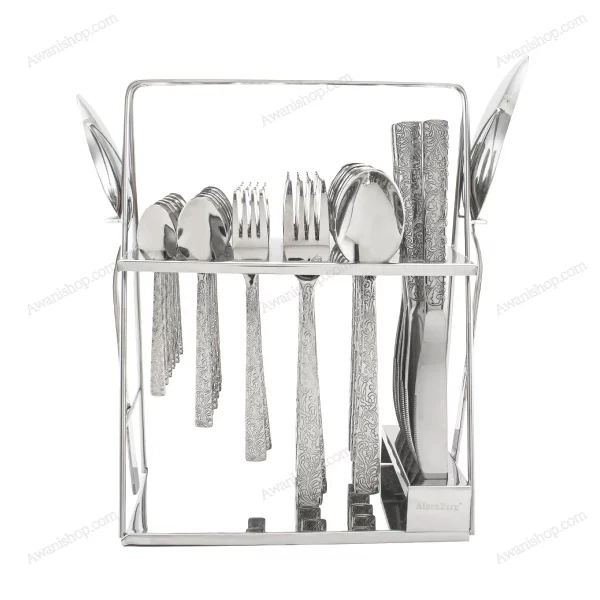 38-Piece Stainless Steel Cutlery Set with Stand – Floral Silver