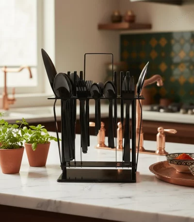 38-Piece Stainless Steel Cutlery Set with Stand – Dark Ribbed — Contemporary Kitchens