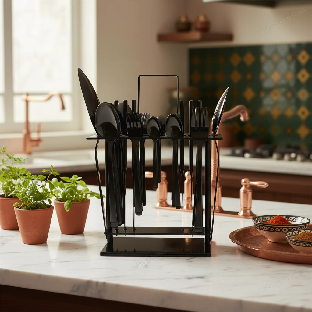 38-Piece Stainless Steel Cutlery Set with Stand – Dark Ribbed — Contemporary Kitchens