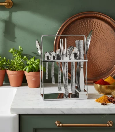 38-Piece Stainless Steel Cutlery Set with Stand – Floral Silver — Elegant Family Dining