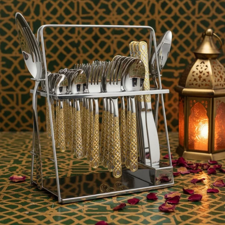 38-Piece Stainless Steel Cutlery Set with Stand – Silver & Gold Patterned — Everyday Elegance