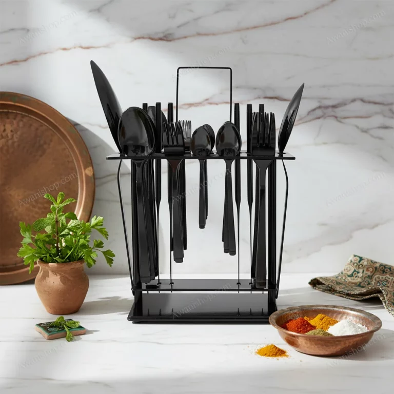 38-Piece Stainless Steel Cutlery Set with Stand – Dark Ribbed — Family Meals