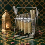 38-Piece Stainless Steel Cutlery Set with Stand – Silver & Gold Patterned — Formal Dinners