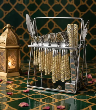 38-Piece Stainless Steel Cutlery Set with Stand – Silver & Gold Patterned — Formal Dinners