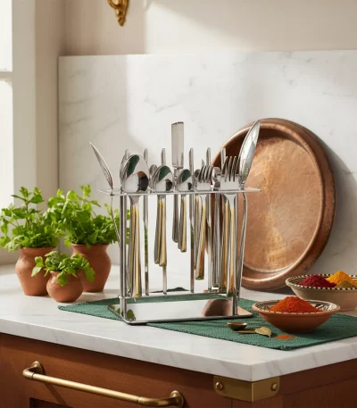 38-Piece Stainless Steel Cutlery Set with Stand – Gold Stripe — Luxury Dining