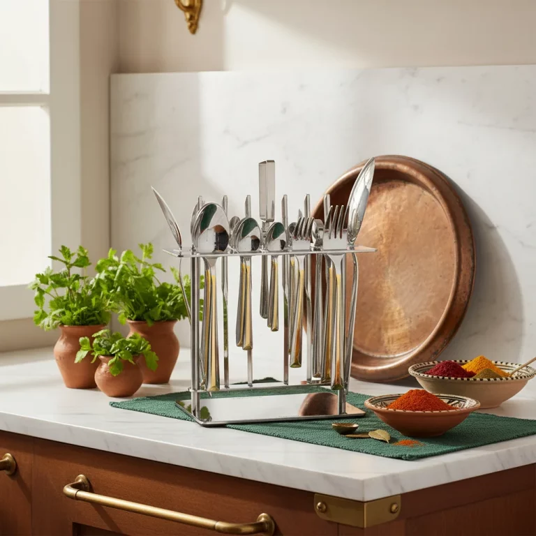 38-Piece Stainless Steel Cutlery Set with Stand – Gold Stripe — Luxury Dining