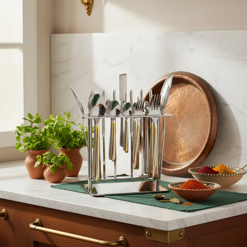38-Piece Stainless Steel Cutlery Set with Stand – Gold Stripe — Luxury Dining