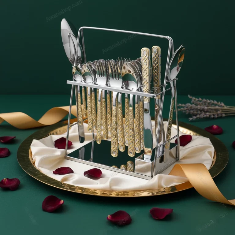38-Piece Stainless Steel Cutlery Set with Stand – Silver & Gold Patterned — Special Celebrations