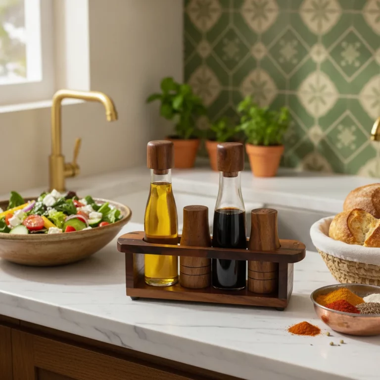 Billi 5-Piece Oil, Vinegar, Salt and Pepper Cruet Set with Stand — Everyday Dining Elegance