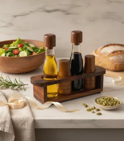 Billi 5-Piece Oil, Vinegar, Salt and Pepper Cruet Set with Stand — Gourmet Dinner Presentation