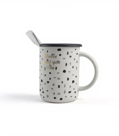 Ceramic Spotted Mug with Lid and Spoon