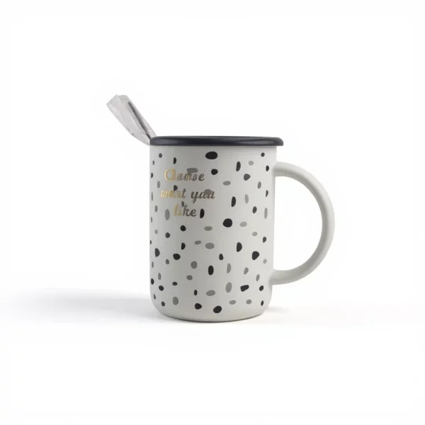 Ceramic Spotted Mug with Lid and Spoon