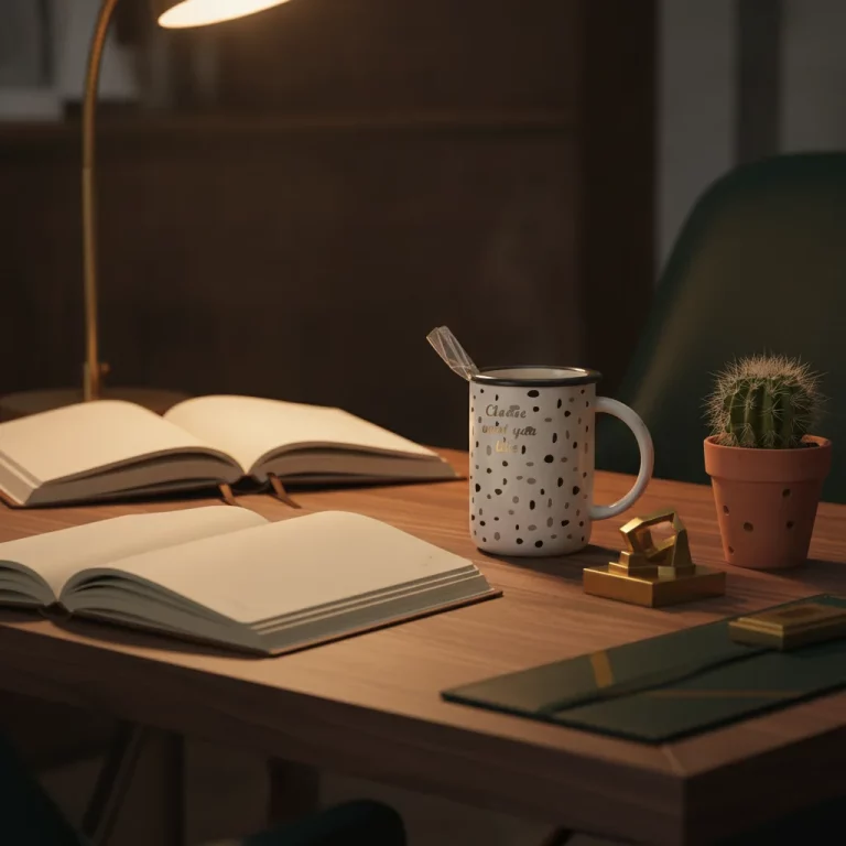 Ceramic Spotted Mug with Lid and Spoon — Office Desk Companion