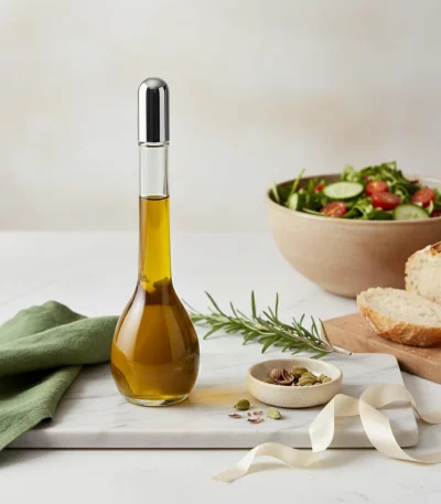 Clear Glass Oil and Vinegar Bottle with Silver Cap — Gourmet gift seekers