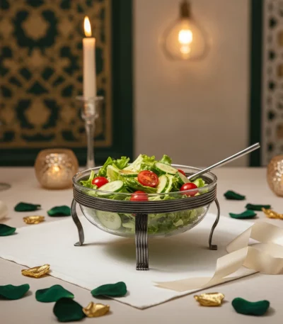 Glass Salad Bowl with Decorative Stand and Serving Spoon — Stylish Buffet Presentations
