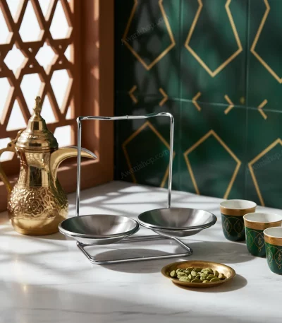 Gold Steel Serving Stand with Two Steel Bowls — Sophisticated Breakfast Spread