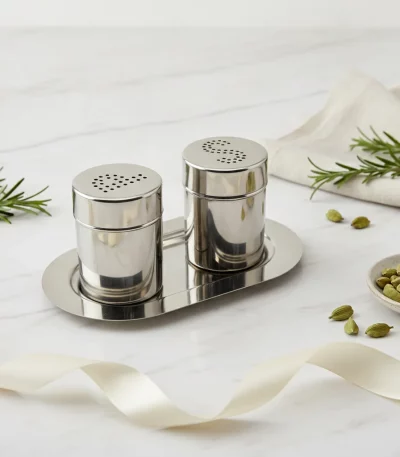 Life Smile Stainless Steel Salt and Pepper Shaker Set with Tray — Gift-giving perfection
