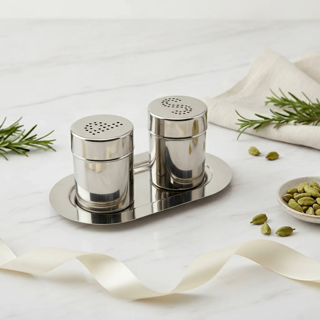 Life Smile Stainless Steel Salt and Pepper Shaker Set with Tray — Gift-giving perfection