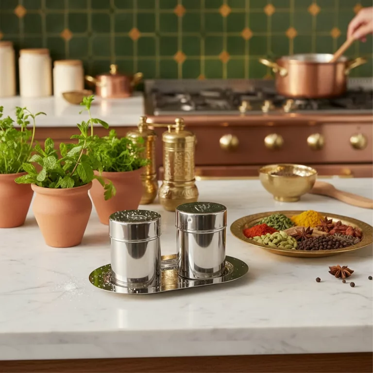 Life Smile Stainless Steel Salt and Pepper Shaker Set with Tray — Gourmet kitchen flair