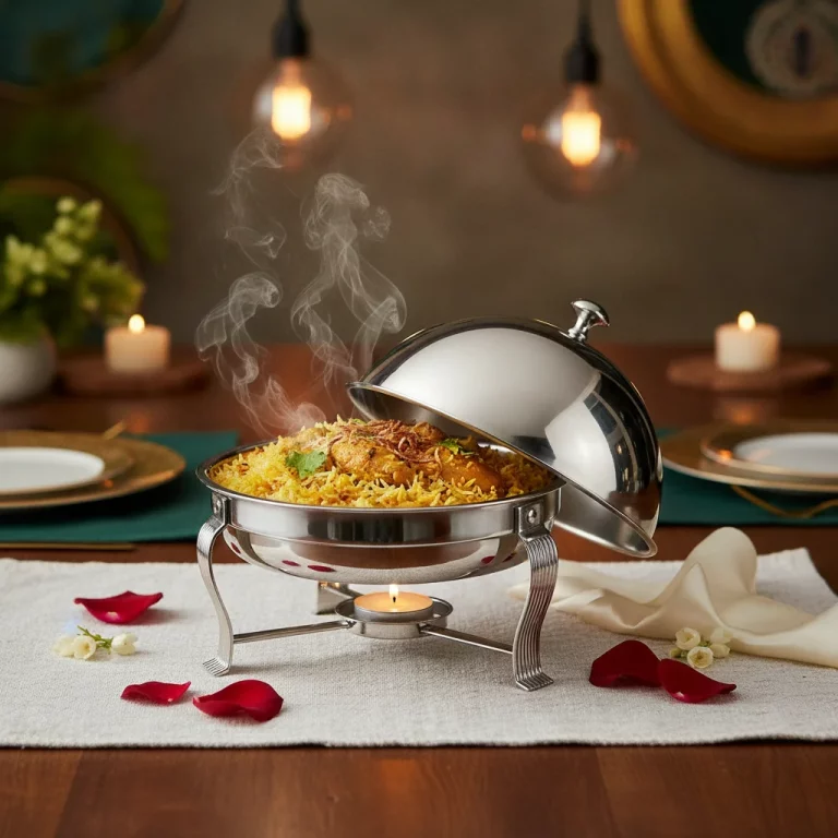 Round Ceramic Buffet Server with Chrome Dome Lid — Luxury Brunch Presentation