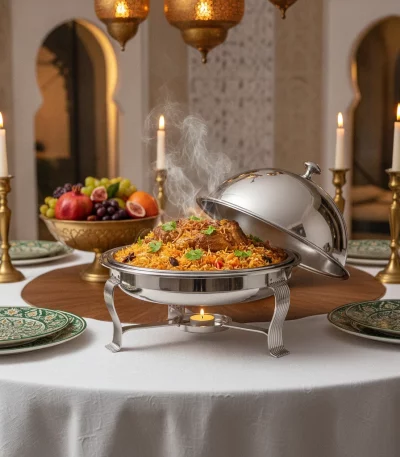 Round Ceramic Buffet Server with Chrome Dome Lid — Opulent Formal Dinners