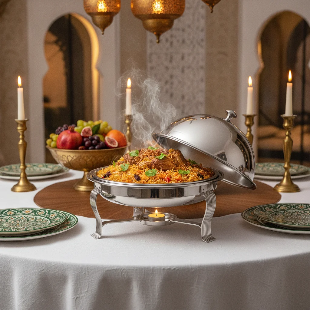 Round Ceramic Buffet Server with Chrome Dome Lid — Opulent Formal Dinners