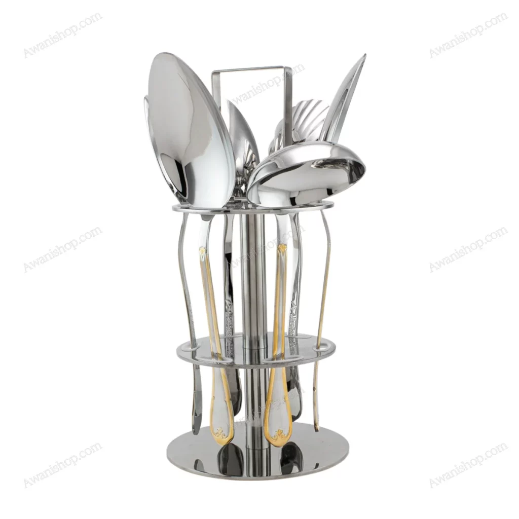 6-Piece Stainless Steel Serving Spoon Set with Stand – Gold Accented