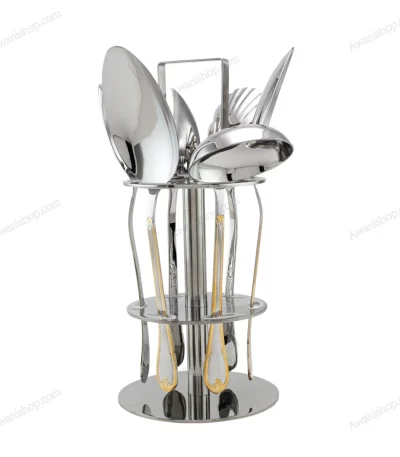 6-Piece Stainless Steel Serving Spoon Set with Stand – Gold Accented