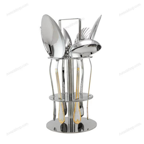 6-Piece Stainless Steel Serving Spoon Set with Stand – Gold Accented