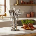 6-Piece Stainless Steel Serving Spoon Set with Stand – Gold Accented — Casual Family Meals