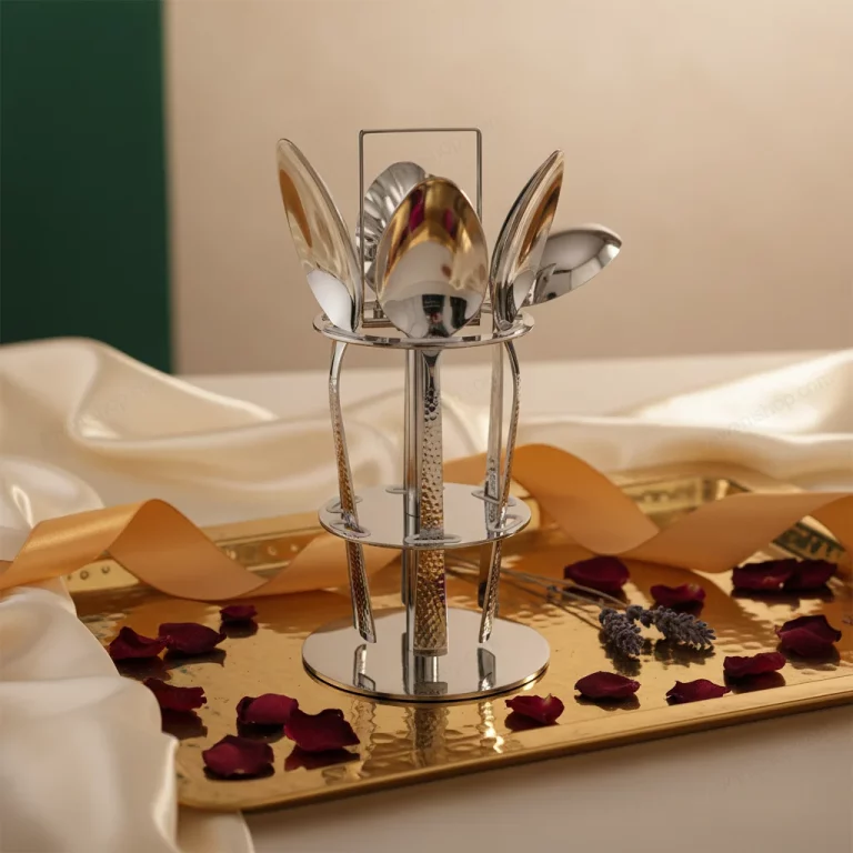 6-Piece Stainless Steel Serving Spoon Set with Stand – Floral Gold Engraved — Cultural Celebrations