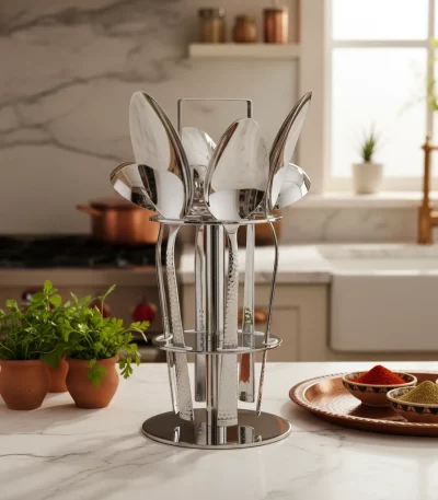 6-Piece Stainless Steel Serving Spoon Set with Stand – Floral Gold Engraved — Elegant Home Dining