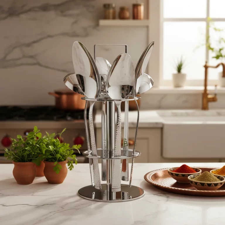 6-Piece Stainless Steel Serving Spoon Set with Stand – Floral Gold Engraved — Elegant Home Dining
