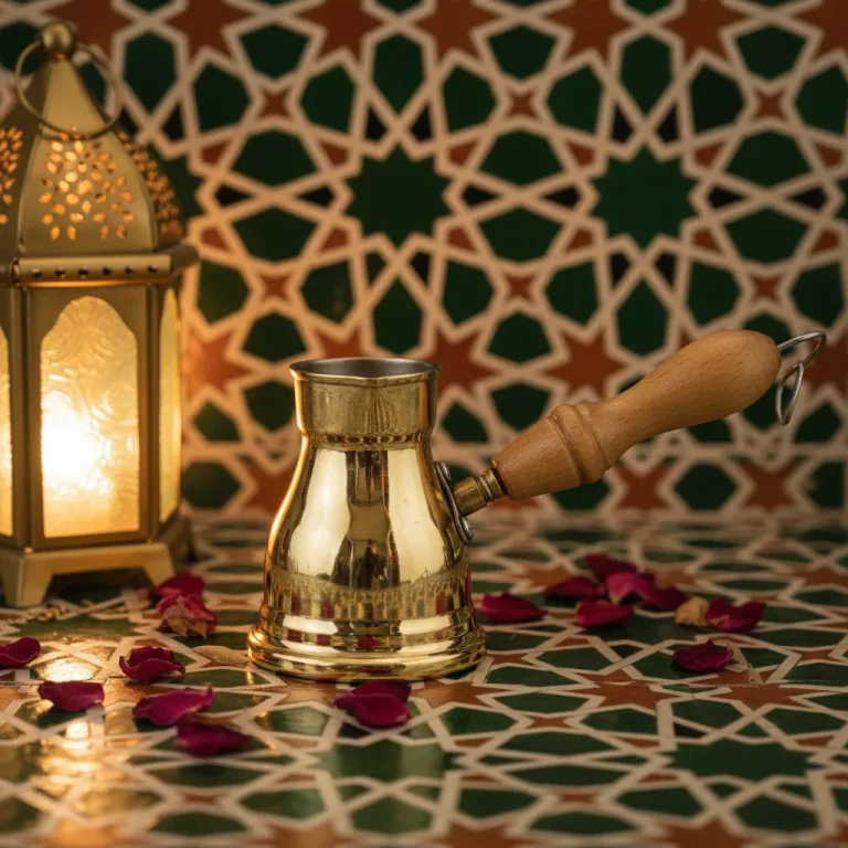Traditional Brass Turkish Coffee Pot with Wooden Handle — Elegant Dinner Party Finale