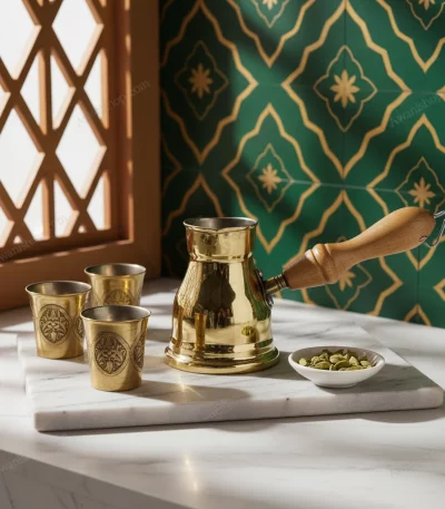 Traditional Brass Turkish Coffee Pot with Wooden Handle — Intimate Coffee Moment