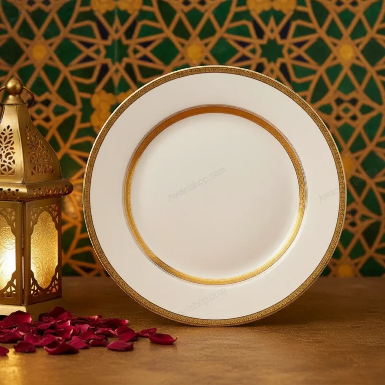 White Porcelain Plate with Gold Geometric Border — Elegant Dinner Parties