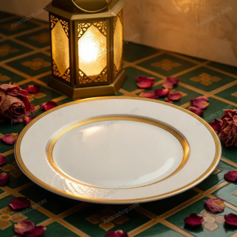 White Porcelain Plate with Gold Geometric Border — Restaurant Use
